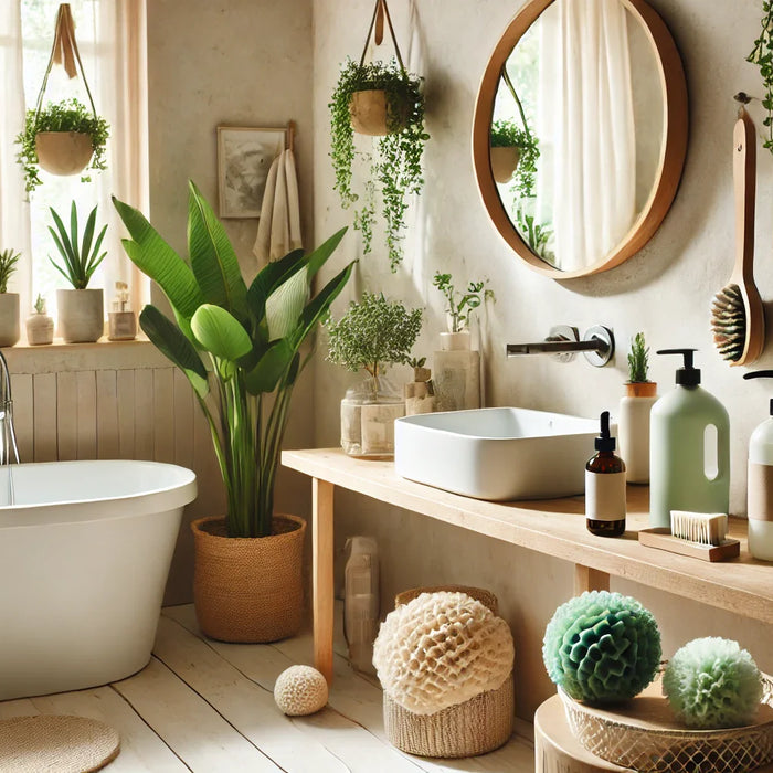 Ein nachhaltiges, umweltfreundliches Badezimmer mit Reinigungsprodukten auf pflanzlicher Basis.