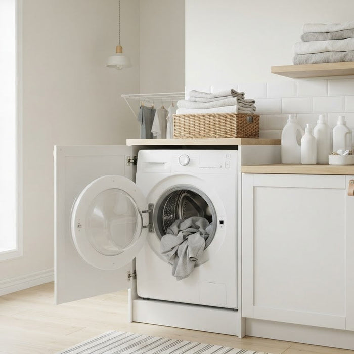 Helle, moderne Waschküche mit offener Waschmaschine – nachhaltig gereinigt