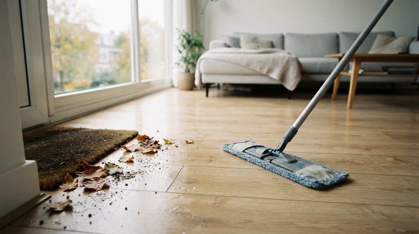 Heller Laminatboden in Eichenoptik mit Mikrofaser-Flachwischer im Herbstlicht