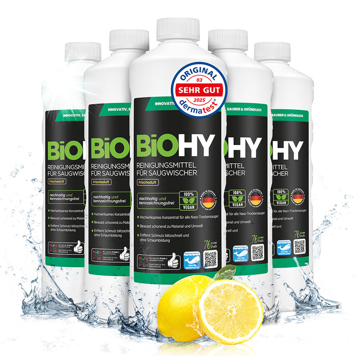 BiOHY cleaning agent for vacuum wipers, cleaners for wet and dry vacuum cleaners, floor care products, organic cleaners