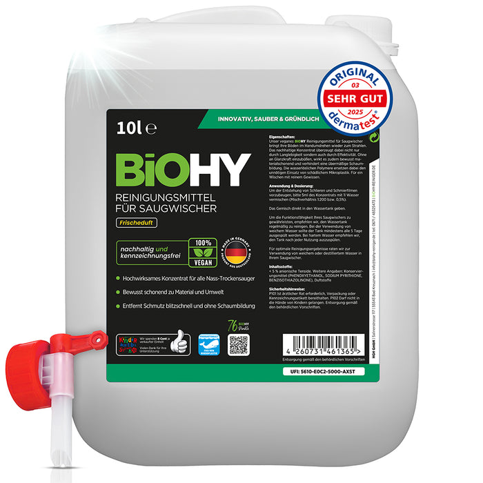 BiOHY cleaning agent for vacuum wipers, cleaners for wet and dry vacuum cleaners, floor care products, organic cleaners