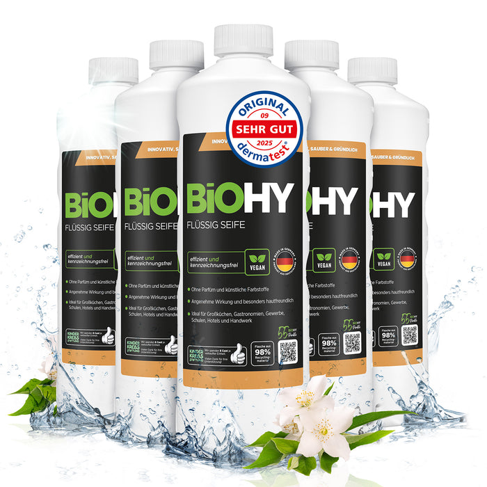 BiOHY Flüssig Seife – umweltfreundlich, vegan & Made in Germany (Etikett mit Dosierhinweis)