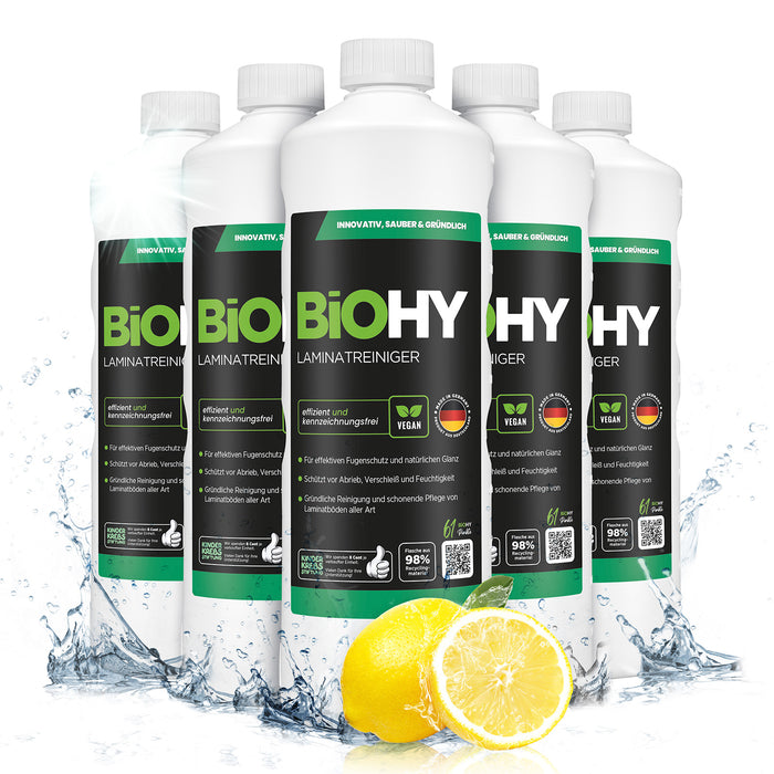 BiOHY Laminatreiniger – umweltfreundlich, vegan & Made in Germany (Etikett mit Dosierhinweis)
