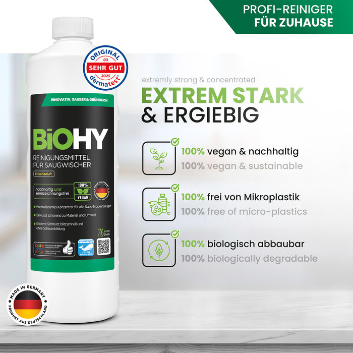 BiOHY cleaning agent for vacuum wipers, cleaners for wet and dry vacuum cleaners, floor care products, organic cleaners