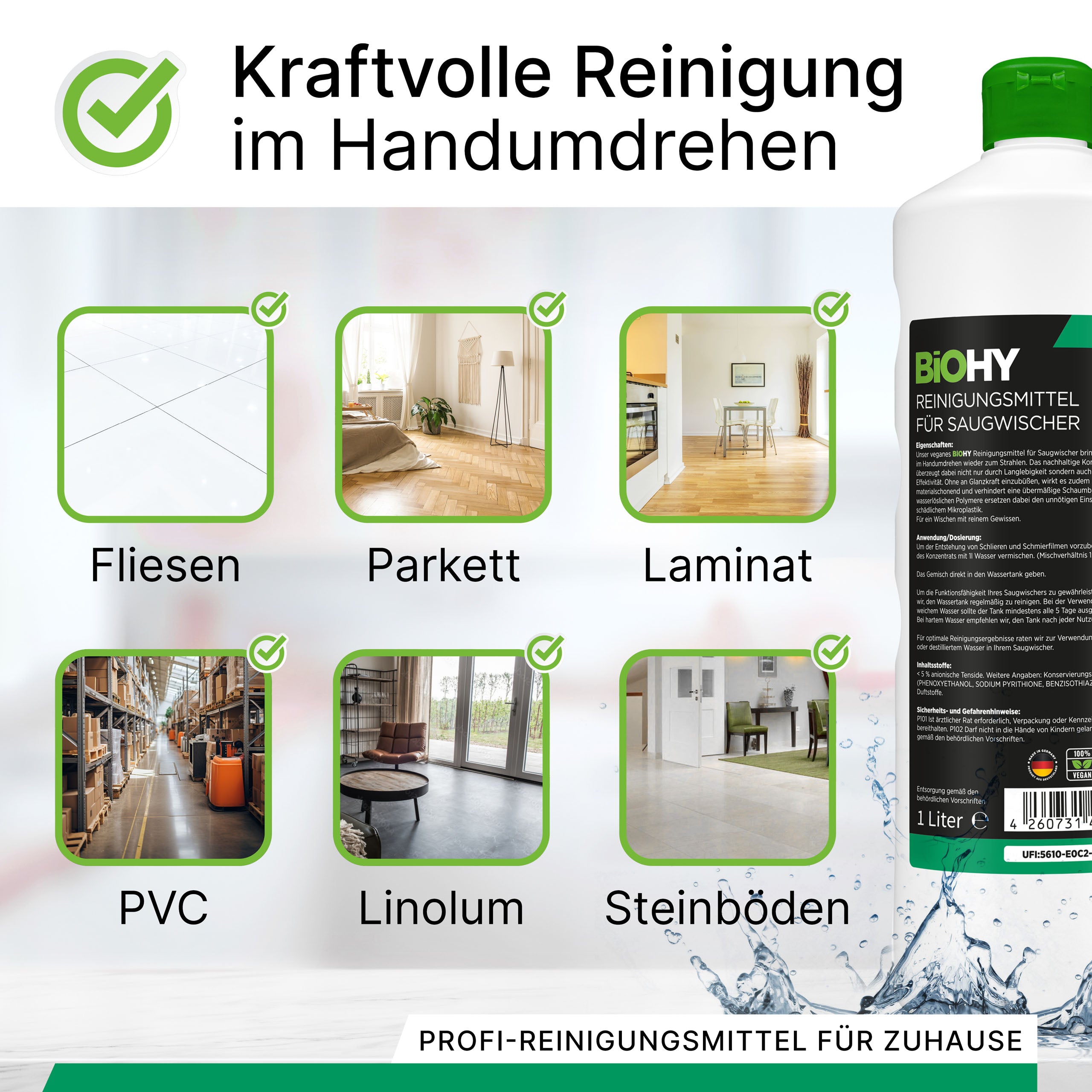 BiOHY cleaning agent for vacuum wipers, cleaners for wet and dry vacuum cleaners, floor care products, organic cleaners