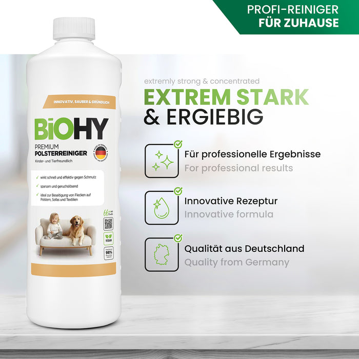 BiOHY Premium Polsterreiniger – entfernt Flecken aus Sofa & Matratze, vegan (Produktflasche)