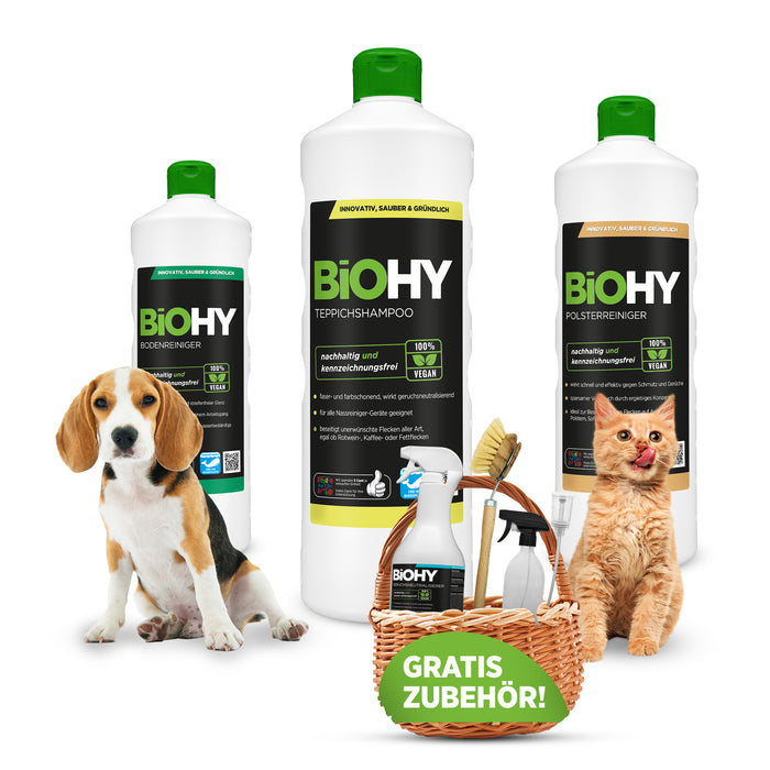 BiOHY Happy pet set + accessori, neutralizzatore di odori, moquette, tappezzeria, detergente per pavimenti, flacone spray, spazzola per piatti, dispenser