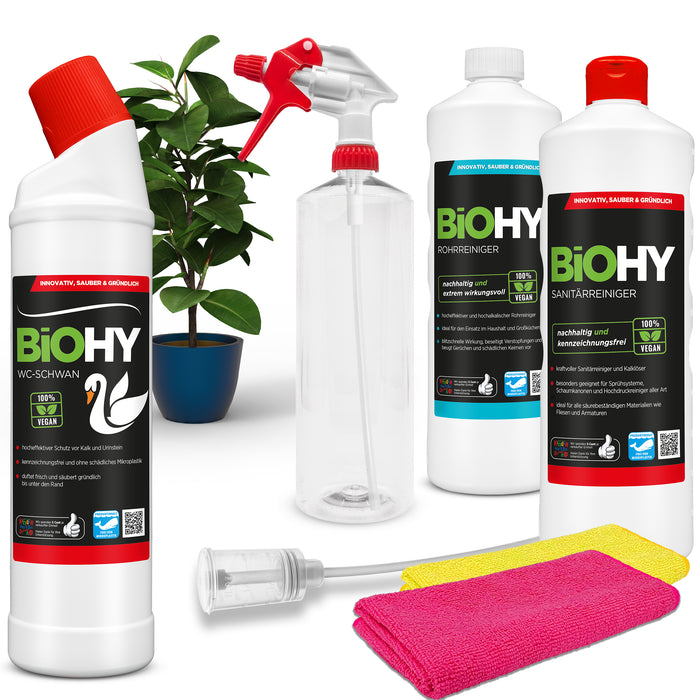 BiOHY still place complete set, toilet swan, sanitary cleaner, pipe cleaner, spray bottle, microfibre cloths, dispenser