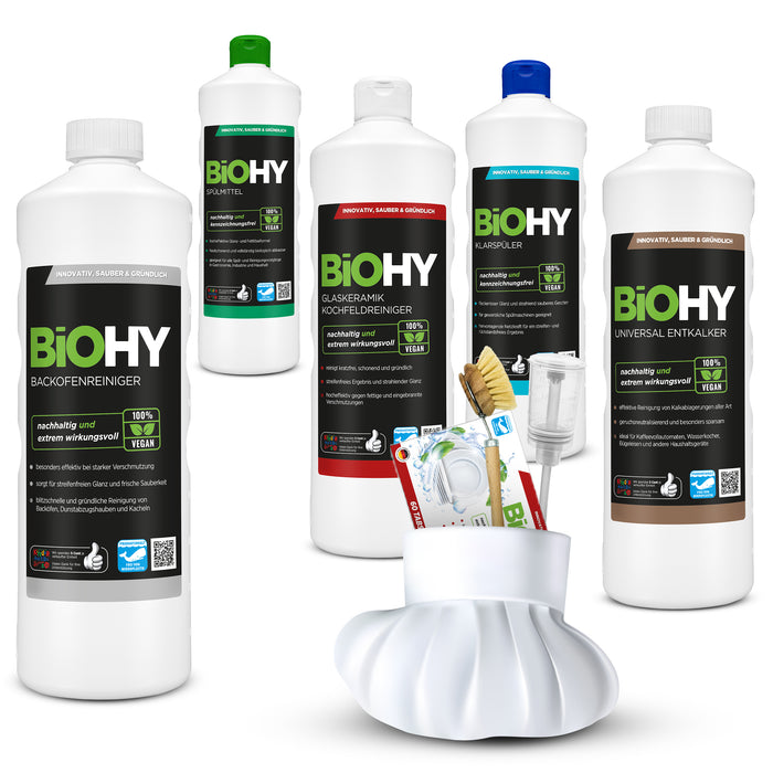 BiOHY complete chef's set + accessories, detergent, dishwasher tabs, rinse aid, universal descaler, ceramic hob cleaner, oven cleaner, dishwashing brush, doser