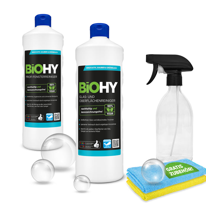 Set BiOHY Clear View + accessori, detergente per vetri e superfici, detergente per vetri, flacone spray, panni in microfibra