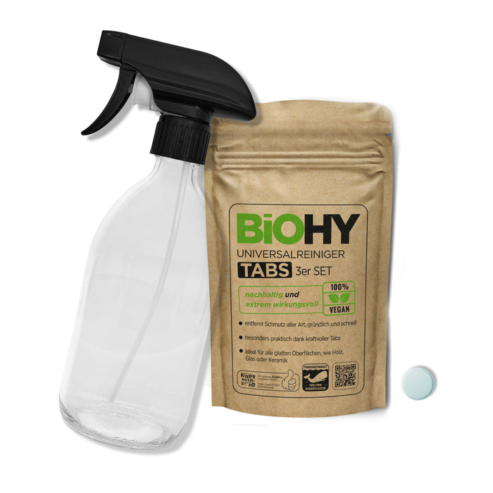 BiOHY glass bottle set with universal cleaner tabs, cleaning agents, cleaning tablets, all-purpose cleaner tabs